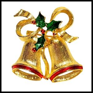Vintage Gerry's Bells Bow Green Red‎ Gold Tone Winter Brooch Pin Holiday